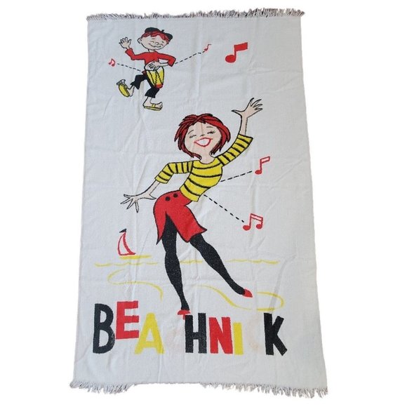 Vintage Other - Vintage 60s Novelty Dancing At‎ The Beach Towel Redhead Music Beach Nick